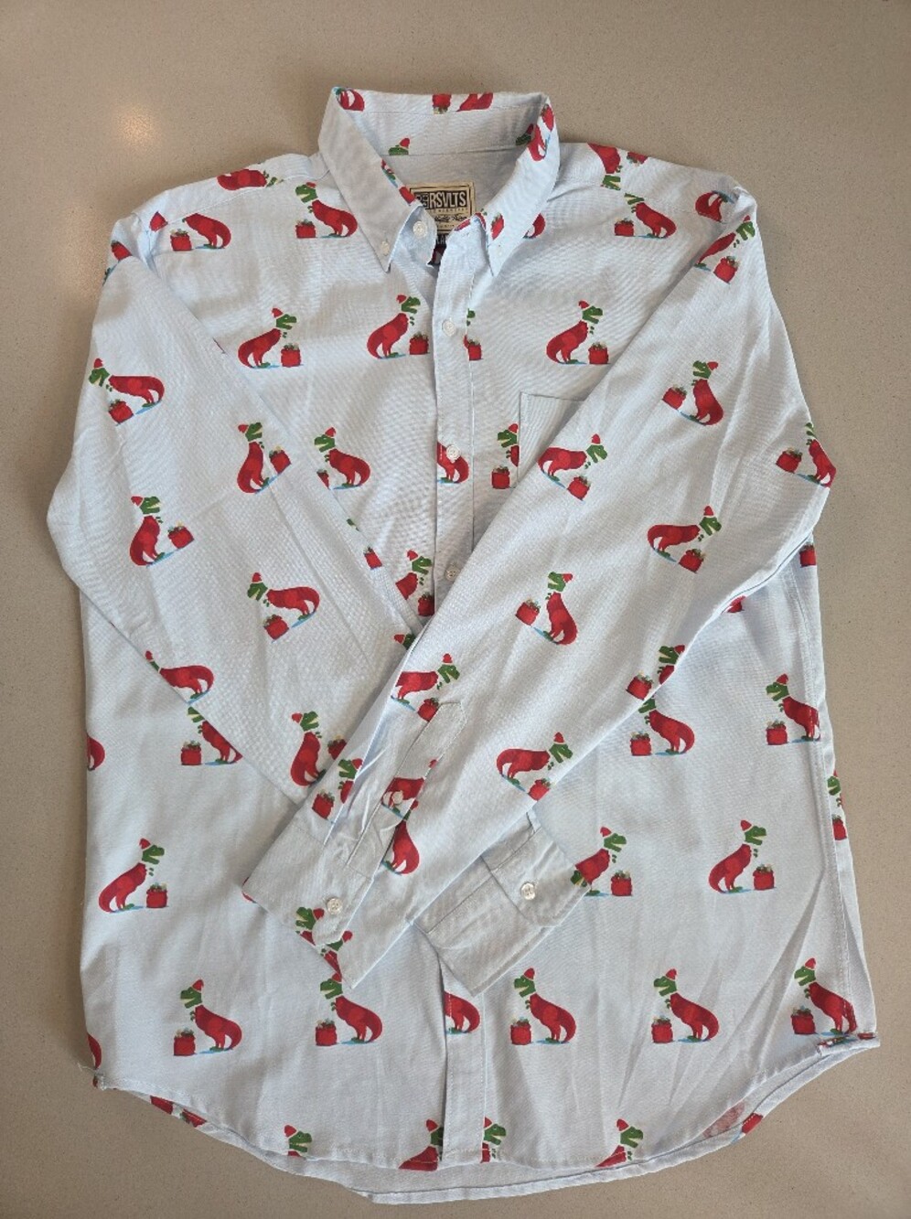 RSVLTS Lt Blue Button-Up Top with Christmas Dinosaurs